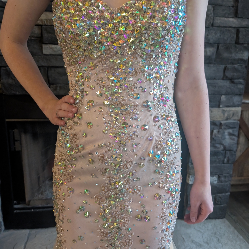 Tiffany Designs Tan Cream Sequin Embellished Bodycon Prom Dress